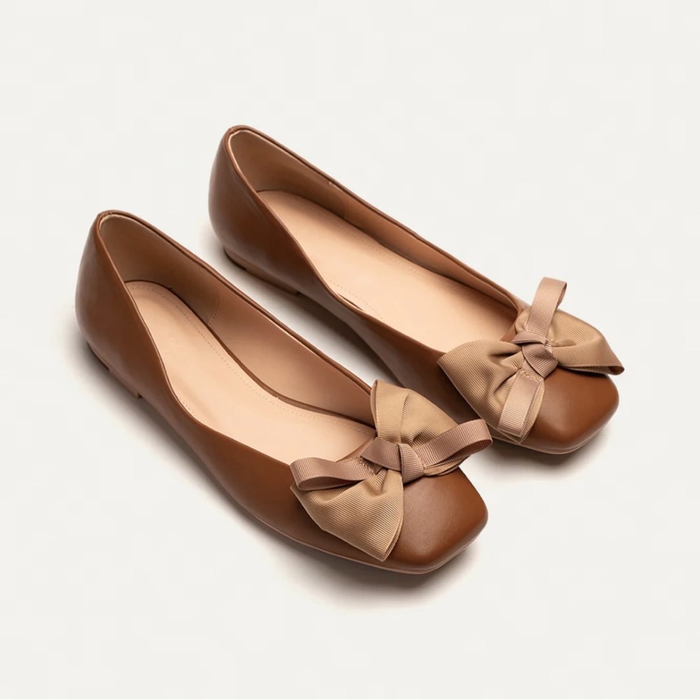 Women Olive Brown Ballet Flat Shoes with leather Bowknot Square-Toe.